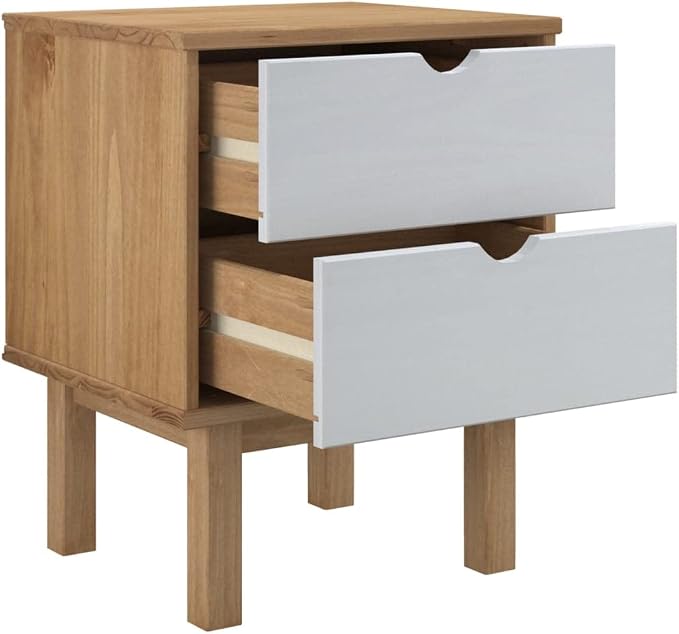Scandinavian Nightstand Brown White Solid Pine Wood Side Table 15.4x17.7x22.4 - Image 5