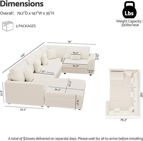 146" Modular Sectional Sofa, Oversized U Shaped, Convertible Sleeper Sofa - Image 2