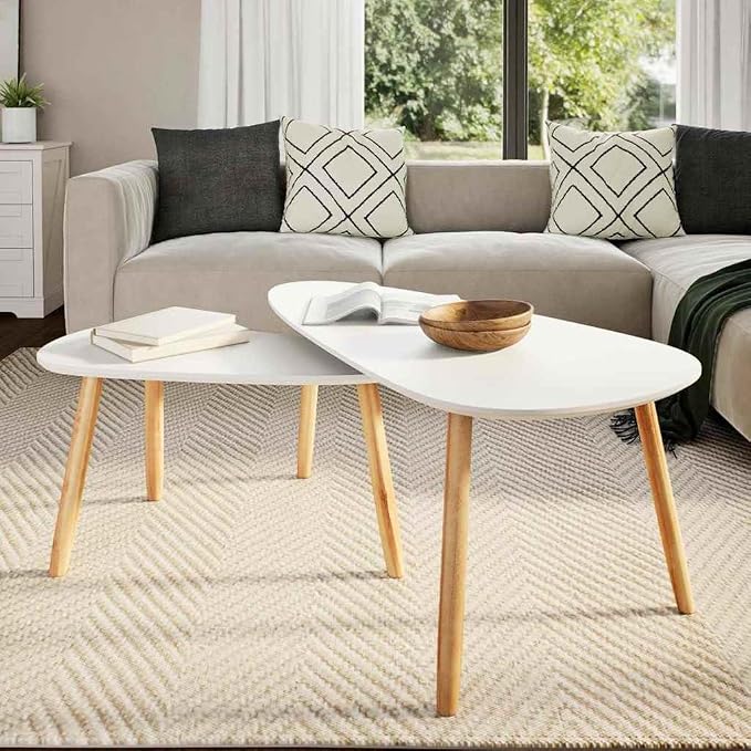 White Solid Pinewood and MDF Coffee Table Set of 2, Scandinavian Style Modern - Image 3