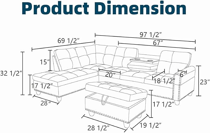97.5" L Shaped Couch Set Linen, Modular Sectional Couches - Image 2