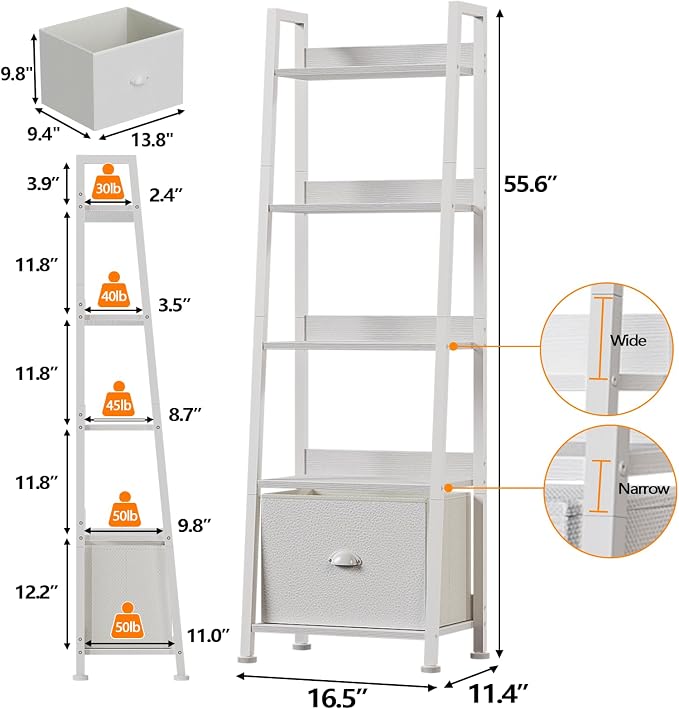 Furologee 5-Tier White Ladder Shelf, Ladder Bookshelf - Image 3