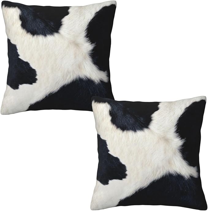 Western Cow Print Black and White Pillow Covers 20x20 Set of 2, Cowfur Print by Tebjh