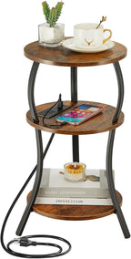 Small Round Side Table with Charging Station, 3-Tier Waist Circular End Table by YEAKOO