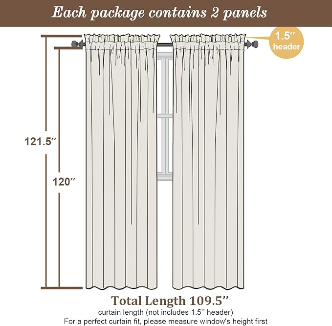 Chyhomenyc Extra Long Ivory Semi Sheer Curtains 120 Inches Long 2 Panels Set - Image 5