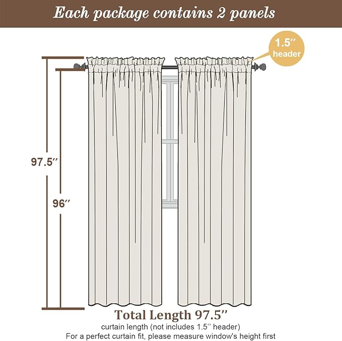 Chyhomenyc Ivory Semi Sheer Curtains 96 Inches Long 2 Panels - Image 5