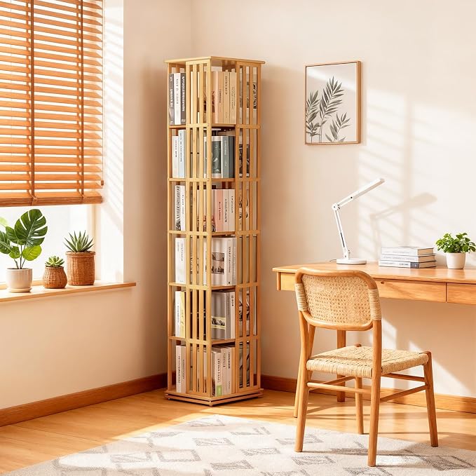 Athena Collection Rotating Bamboo Bookshelf, 6-Tier Floorstanding Corner - Image 2