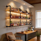 Wall Mounted Wine Rack with LED Lights, 3-Tier Industrial Wood Floating Shelves - Image 4