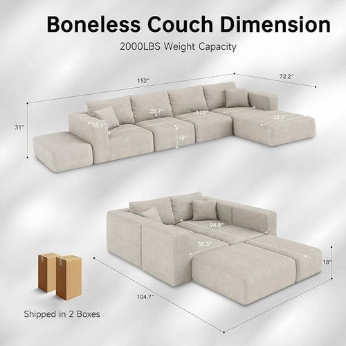 152'' Modern Boneless Couch, Oversized 2-in-1 Modular Sectional Sofa Bed - Image 2
