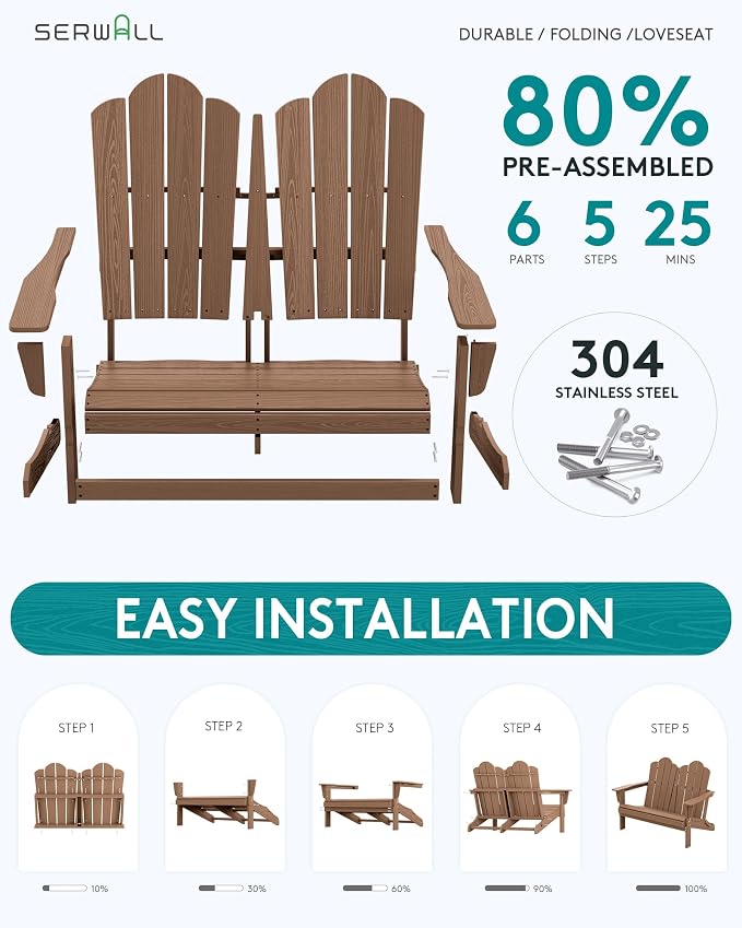 SERWALL 5 Pieces HDPE Patio Adirondack Chair Set, 2 Adirondack Chair - Image 4