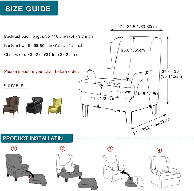 KRFOONN Stretch Wing Chair Slipcovers Jacquard 2 Piece Wingback Chair Covers - Image 8