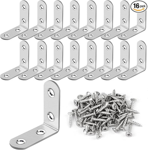 16 Pcs L Bracket Stainless Steel Corner Brace Sets, 90 Degree Right Angle by Romeda
