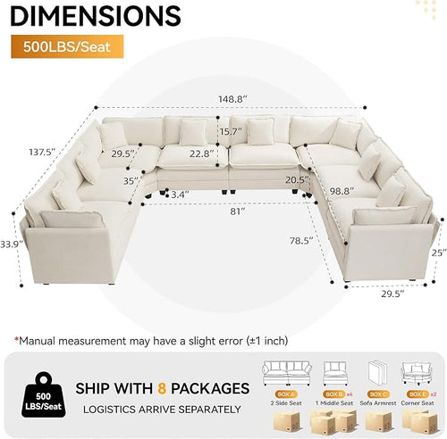 147'' Oversized U Shaped Cloud Sectional Sofa, Chenille Deep Seat Couches - Image 2