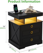 HNEBC Nightstand with Gun Drawers, LED Farmhouse Night Stand with Charging - Image 2