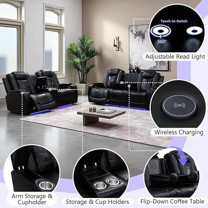 Power Recliner Sofa Set, Living Room Furniture Sets, Luxury Reclining Loveseat - Image 5