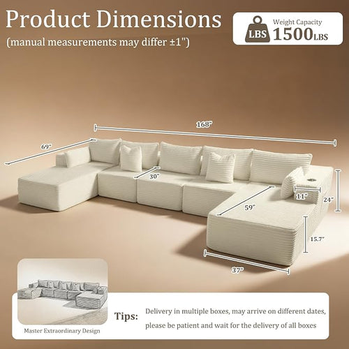 168" Cloud Sectional Couch, Comfort U Shaped Sofa - Image 2