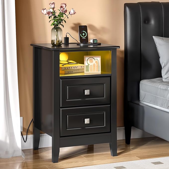 Bonnlo Led Nightstand with Charging Station, Night Stand Black Bedside Table by Bonnlo