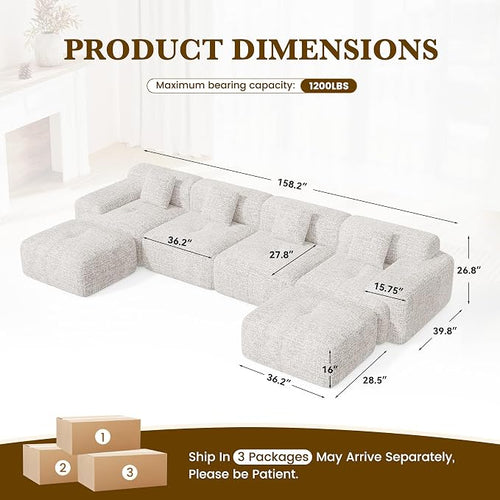 158" U Shaped Convertible Modular Couch, Cloud Couch Sectional - Image 2