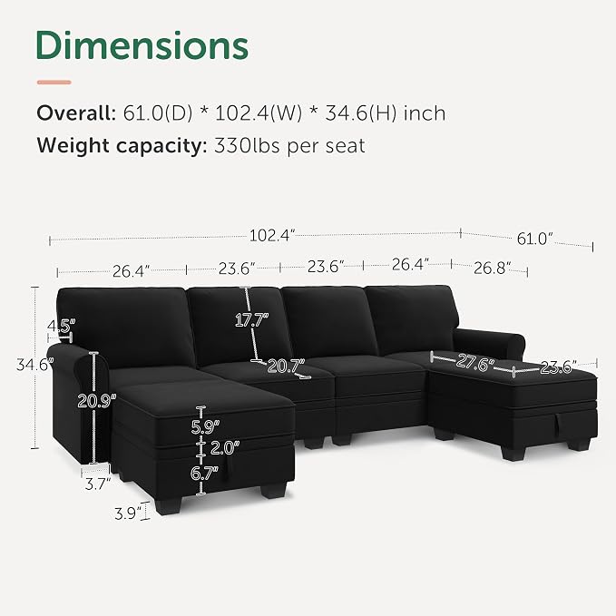 HONBAY Sectional Sofa with Storage Seat Velvet U Shaped Couch with Reversible - Image 2