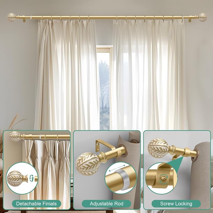QDWIS Gold Curtain Rods for Windows 66 to 120 inch, Rustic Decorative Drapery - Image 9