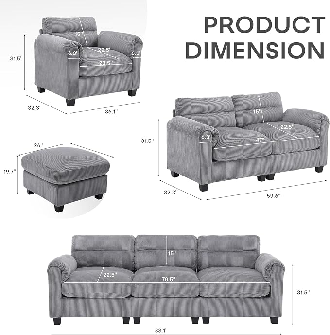 HAOMARKETS Corduroy 4-Piece Sofa Set, Upholstered Ottoman Set of 2 and 2 - Image 2