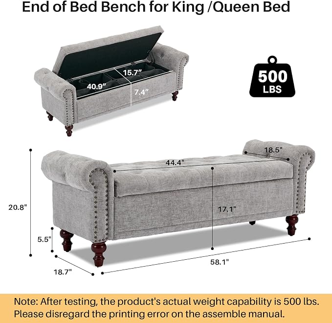 SOFTHION 58.1" Storage Bench Upholstered Chenille End of Bedroom Bed Bench - Image 2