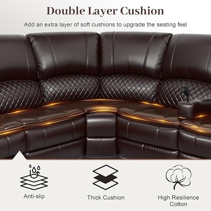 Yolsali Manual Reclining Sectional Sofa Set, 6 Seats Soft Leather Recliner - Image 4