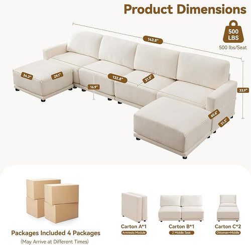 143.8" Modular Sectional Sofa Modern Chenille U Shaped Couch - Image 2
