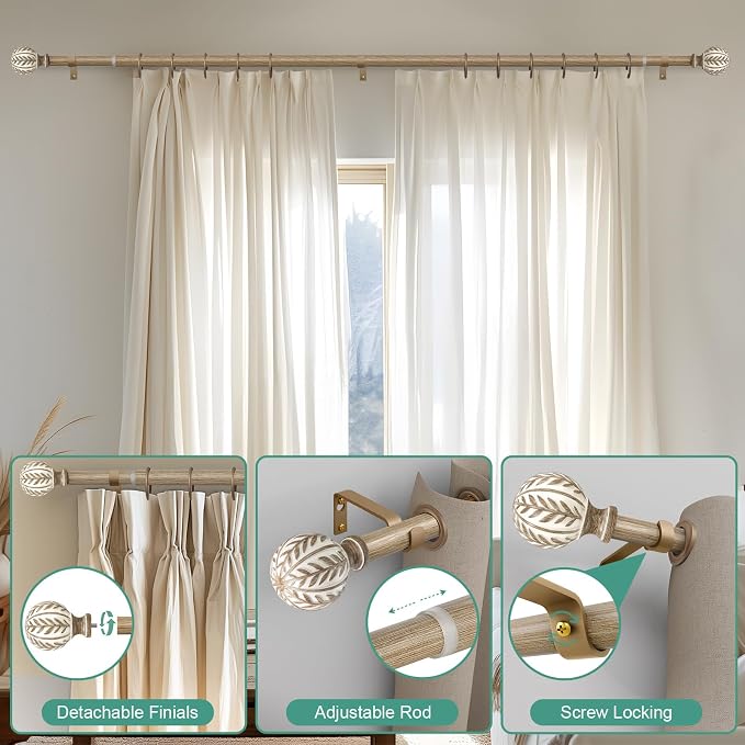 QDWIS Boho Wood Curtain Rods for Windows 72 to 144 inch, Rustic Decorative - Image 9