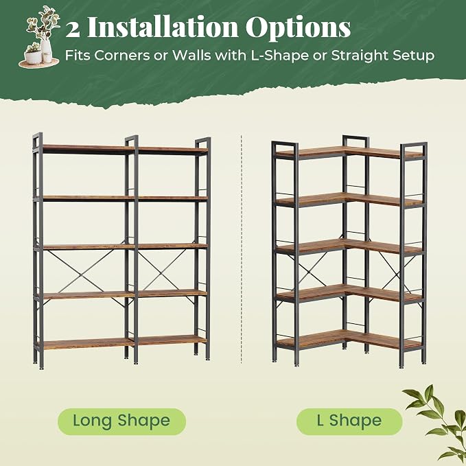 Huuger 5 Tier Bookshelf, L Shaped Corner Bookshelf - Image 9