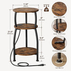 Round Side Table with Power Outlet & USB Ports, 3-Tier End Table with Storage - Image 3