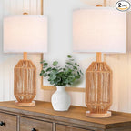 21" Boho Rattan Table Lamps Set of 2, Farmhouse Bedside Nightstand Lamps by COTULIN