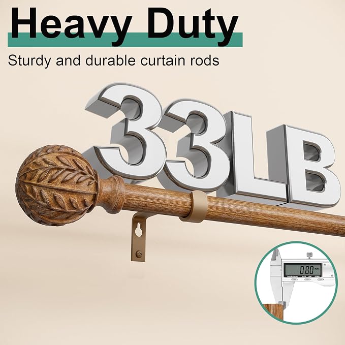 QDWIS Boho Wood Curtain Rods for Windows 72 to 144 inch, Rustic Decorative - Image 4