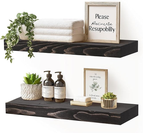 17x8x1.6 inch Floating Shelves Set of 2 – Solid Wood Rustic Black Wall Mounted by YLYHSST