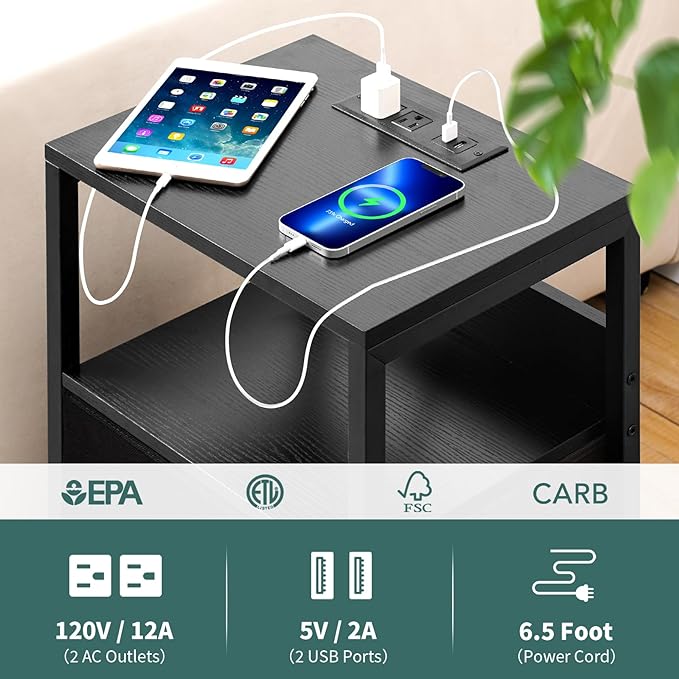 Yoobure Nightstand with Charging Station, Small Night Stand with Fabric Drawers - Image 5