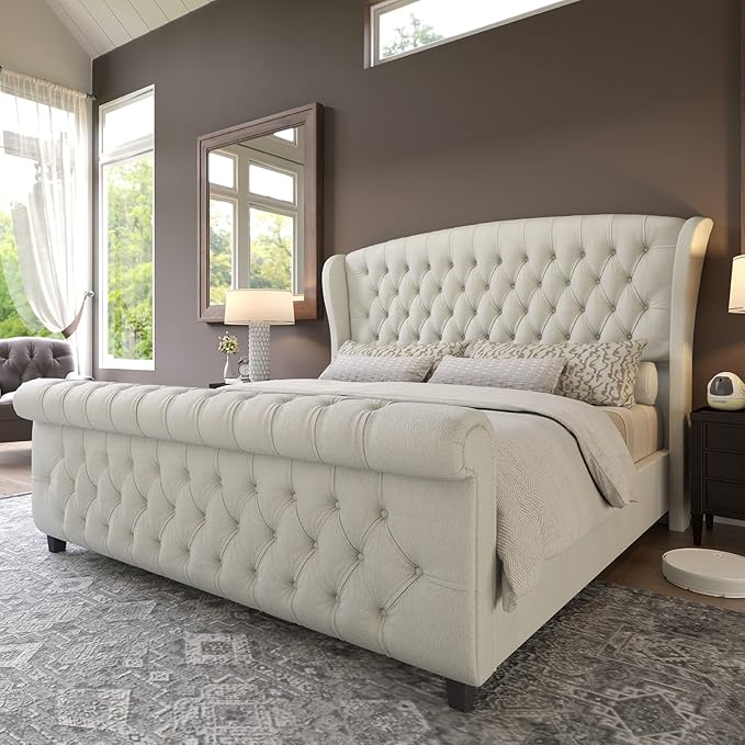 AMERLIFE Queen Size Platform Bed Frame, Chenille Upholstered Sleigh Bed by AMERLIFE