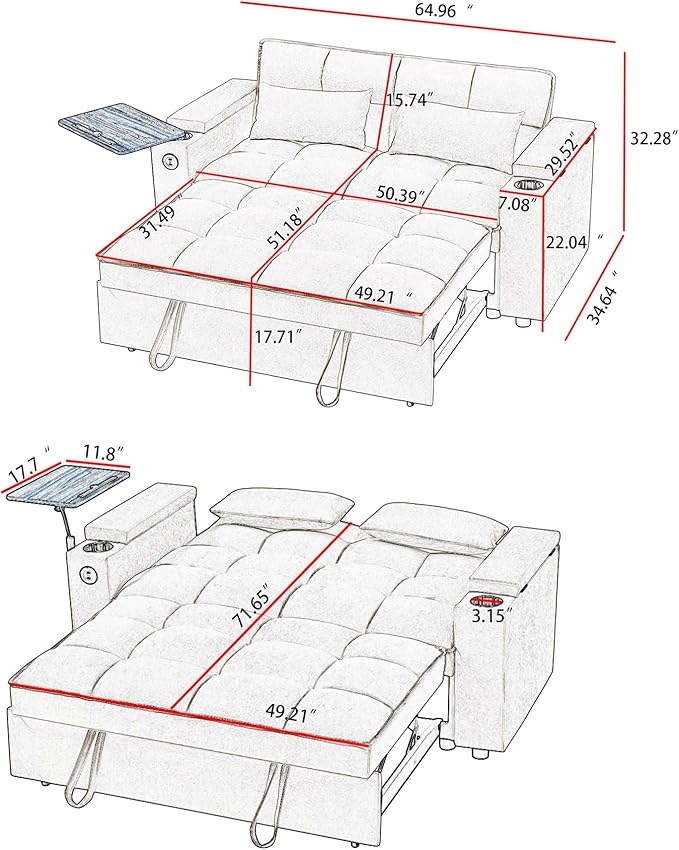 hansones 65'' 3-in-1 Folding Convertible Sofa Bed, Queen Size Pullout Sofa - Image 2