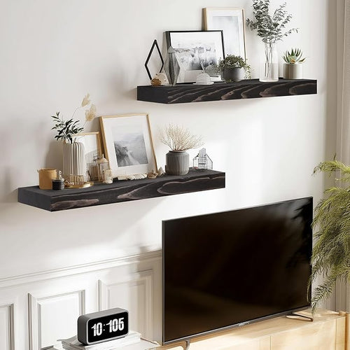 17x8x1.6 inch Floating Shelves Set of 2 – Solid Wood Rustic Black Wall Mounted - Image 2