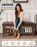 ABHENG Solid Rubber Wood Shoe Bench, Easy-Clean PU Upholstered Seat, 770LB Load - Image 3