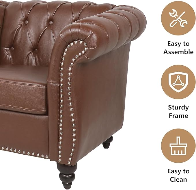 Mid-Century 3 Seater Sofa, Faux Leather Couch - Image 5