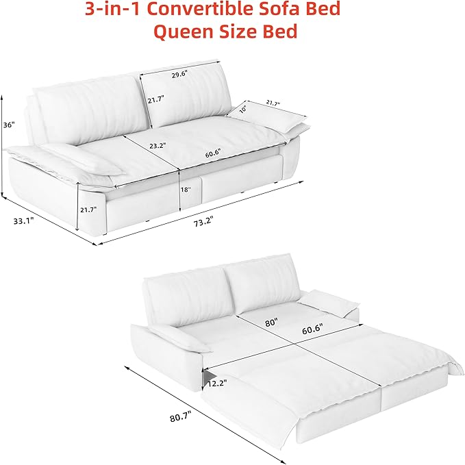 KEIKI 73.2" Queen Sleeper Couch, 3-in-1 Convertible Pull Out Sofa Bed - Image 2