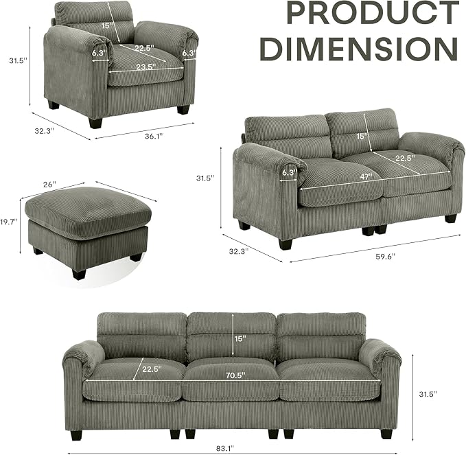 HAOMARKETS Corduroy 4-Piece Sofa Set, Upholstered Ottoman Set of 2, Accent - Image 2