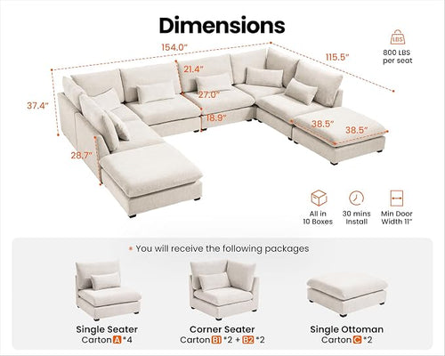 154" Oversized Chenille Couch Modular Sectional Sofa, Washable Cloud Couch - Image 2