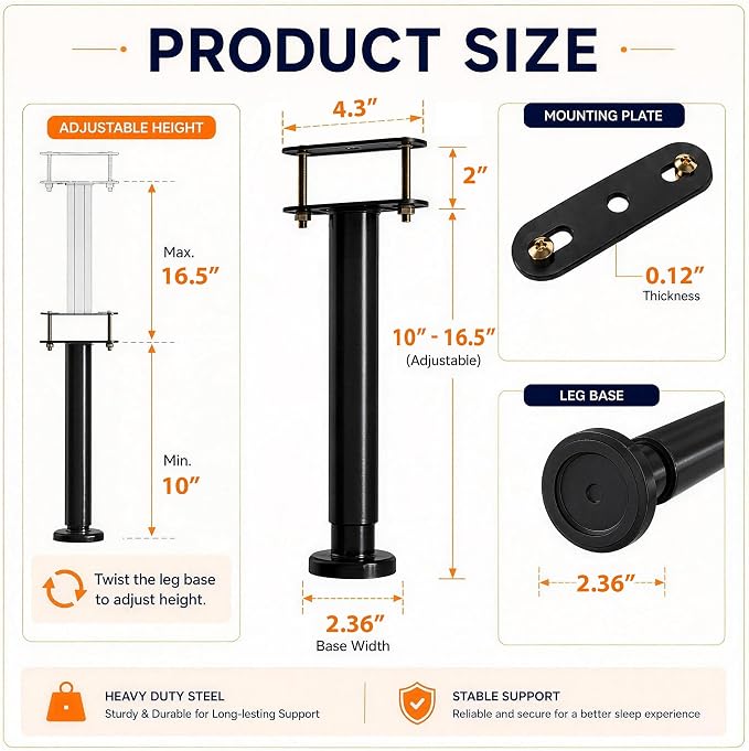 4-Piece Adjustable Height Bed Support Legs, Extra Sturdy Steel - Image 2