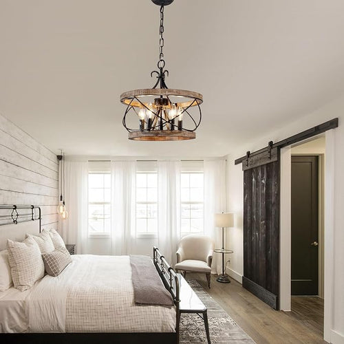 15.7" Farmhouse Chandelier, 5-Light Rustic Drum Chandelier Light Fixture Over - Image 2