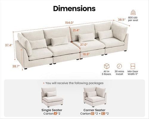154" Oversized Chenille Couch Modular Sectional Sofa, Washable Cloud Couch - Image 2