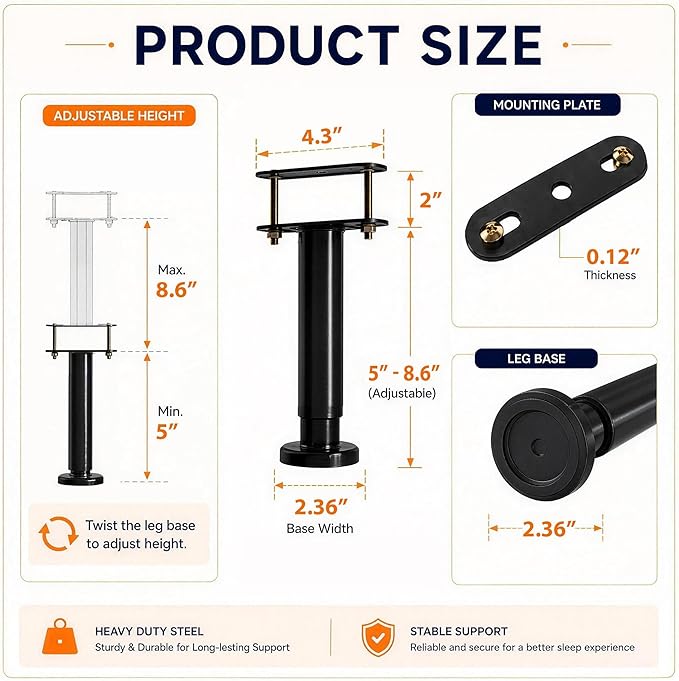 2Pcs Adjustable Height Bed Frame Support Leg, Extra Sturdy Steel Bed Frame - Image 2