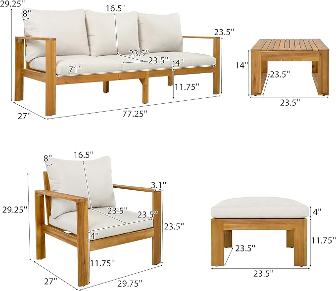 Christopher Knight Home Kayahs 4 Pieces Acacia Wood Furniture Set, Patio - Image 3