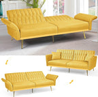 70” Velvet Futon Sofa Bed w/Adjustable Armrests & 2 Pillows, Convertible Futon - Image 5