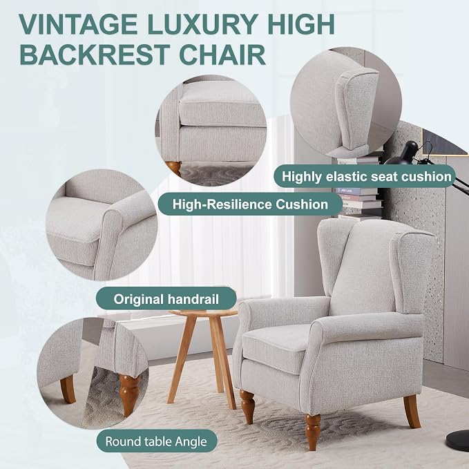 Vintage Style Wingback Chair and Coffee Table Set Solid Wood Frame Beige Fabric - Image 4