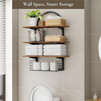 3 Tier Floating Shelf with Storage Baskets, Wall Mounted Bathroom Shelves Over - Image 4